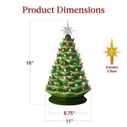 Large Pre-Lit Ceramic Christmas Tree Decoration w/ LED Light Timer - 18in