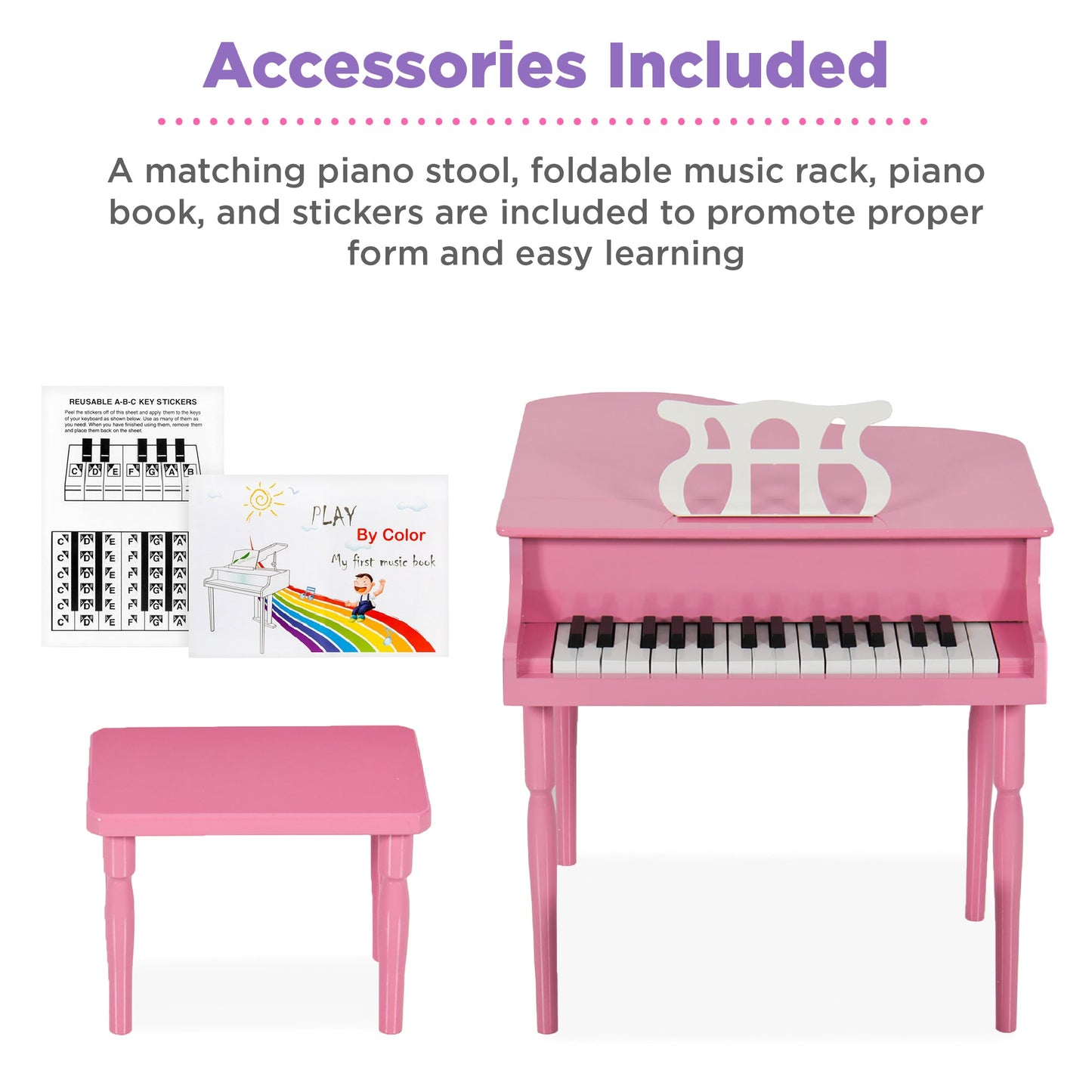 Kids Mini Wooden Grand Piano w/ Lid Bench Music Rack Song Book Stickers