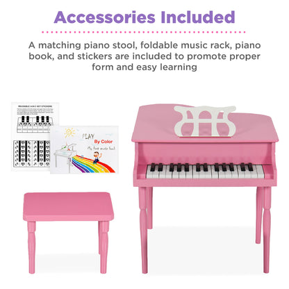 Kids Mini Wooden Grand Piano w/ Lid Bench Music Rack Song Book Stickers