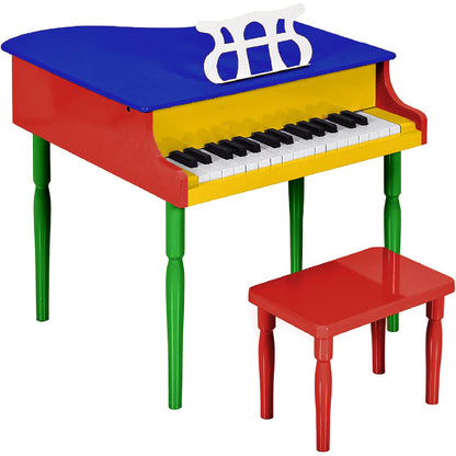 Kids Mini Wooden Grand Piano w/ Lid Bench Music Rack Song Book Stickers