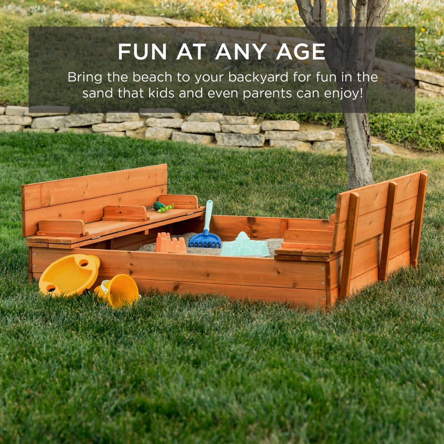 Kids Cedar Sandbox w/ Sand Screen 2 Benches - 47x47in