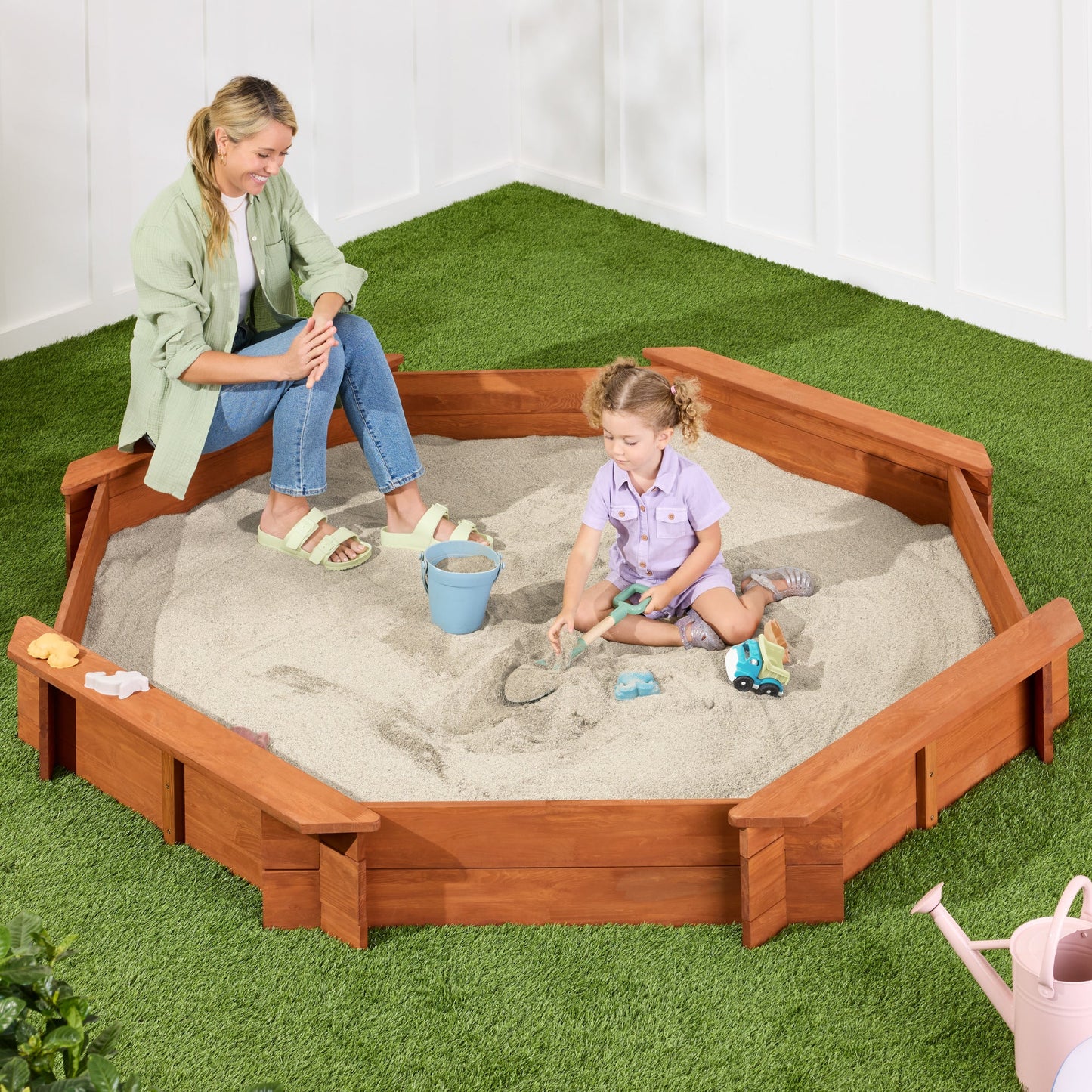 Kid's Wooden Octagonal Sandbox w/ Sand Cover 4 Reinforced Benches 8 Seats