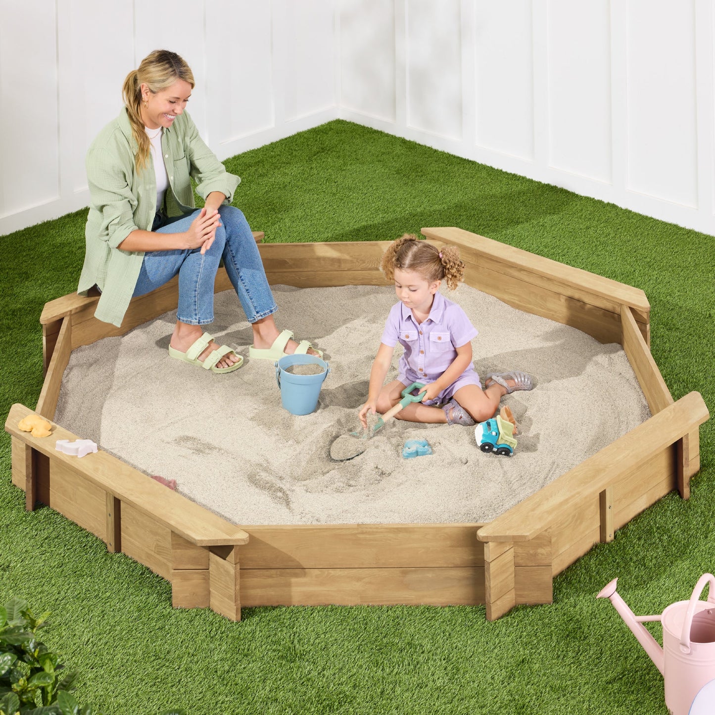Kid's Wooden Octagonal Sandbox w/ Sand Cover 4 Reinforced Benches 8 Seats