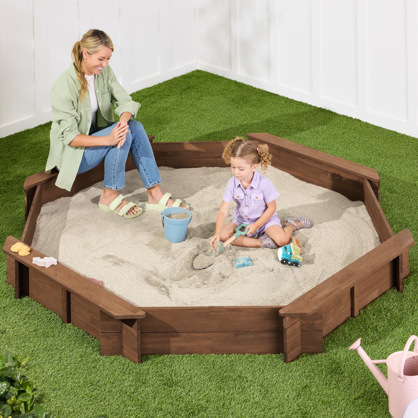 Kid's Wooden Octagonal Sandbox w/ Sand Cover 4 Reinforced Benches 8 Seats