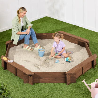 Kid's Wooden Octagonal Sandbox w/ Sand Cover 4 Reinforced Benches 8 Seats