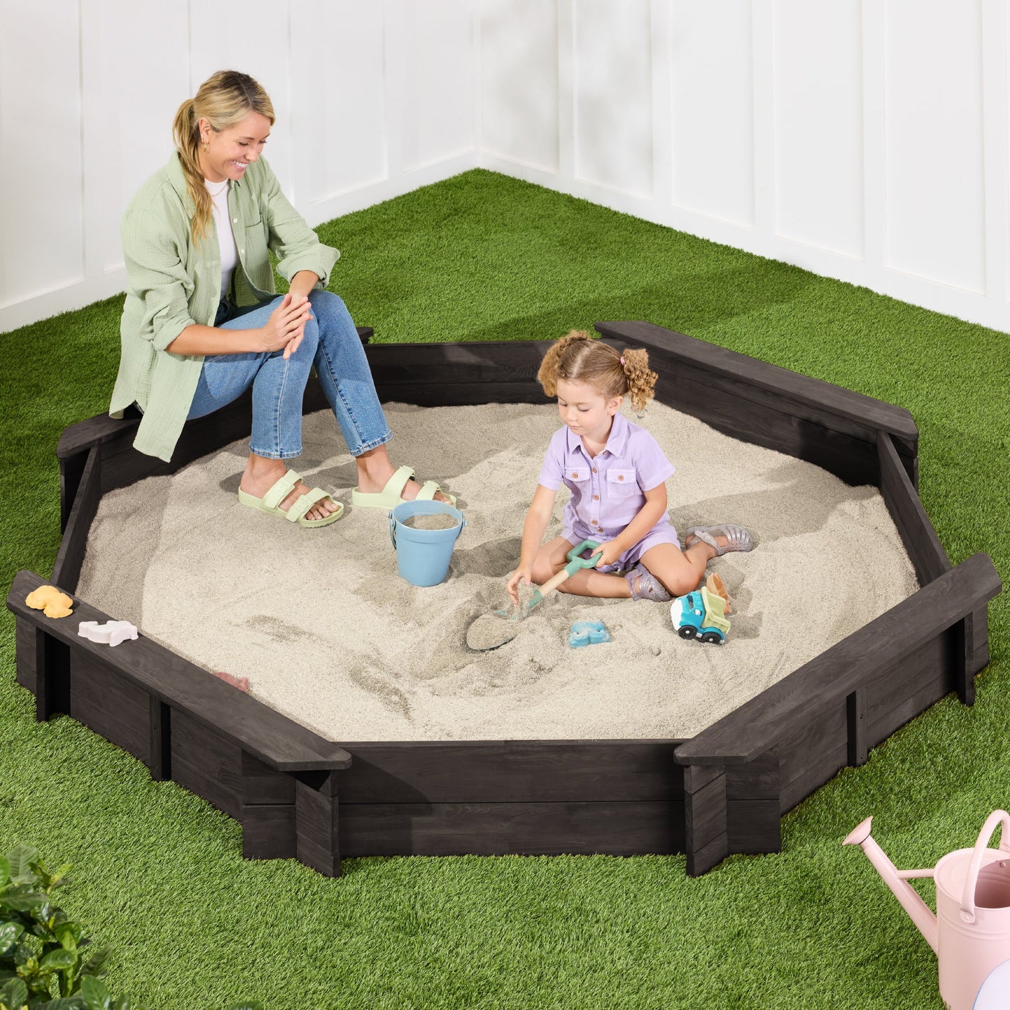 Kid's Wooden Octagonal Sandbox w/ Sand Cover 4 Reinforced Benches 8 Seats