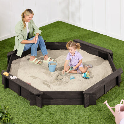 Kid's Wooden Octagonal Sandbox w/ Sand Cover 4 Reinforced Benches 8 Seats