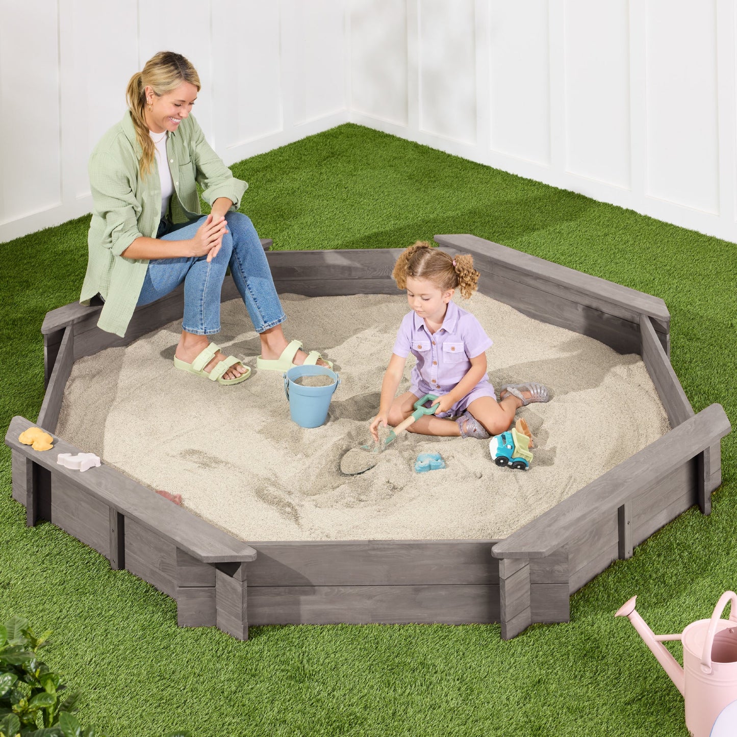 Kid's Wooden Octagonal Sandbox w/ Sand Cover 4 Reinforced Benches 8 Seats
