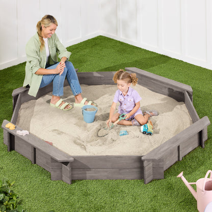 Kid's Wooden Octagonal Sandbox w/ Sand Cover 4 Reinforced Benches 8 Seats