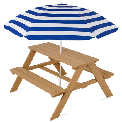Kids Wooden Outdoor Picnic Table w/ Adjustable Umbrella Built-In Seats