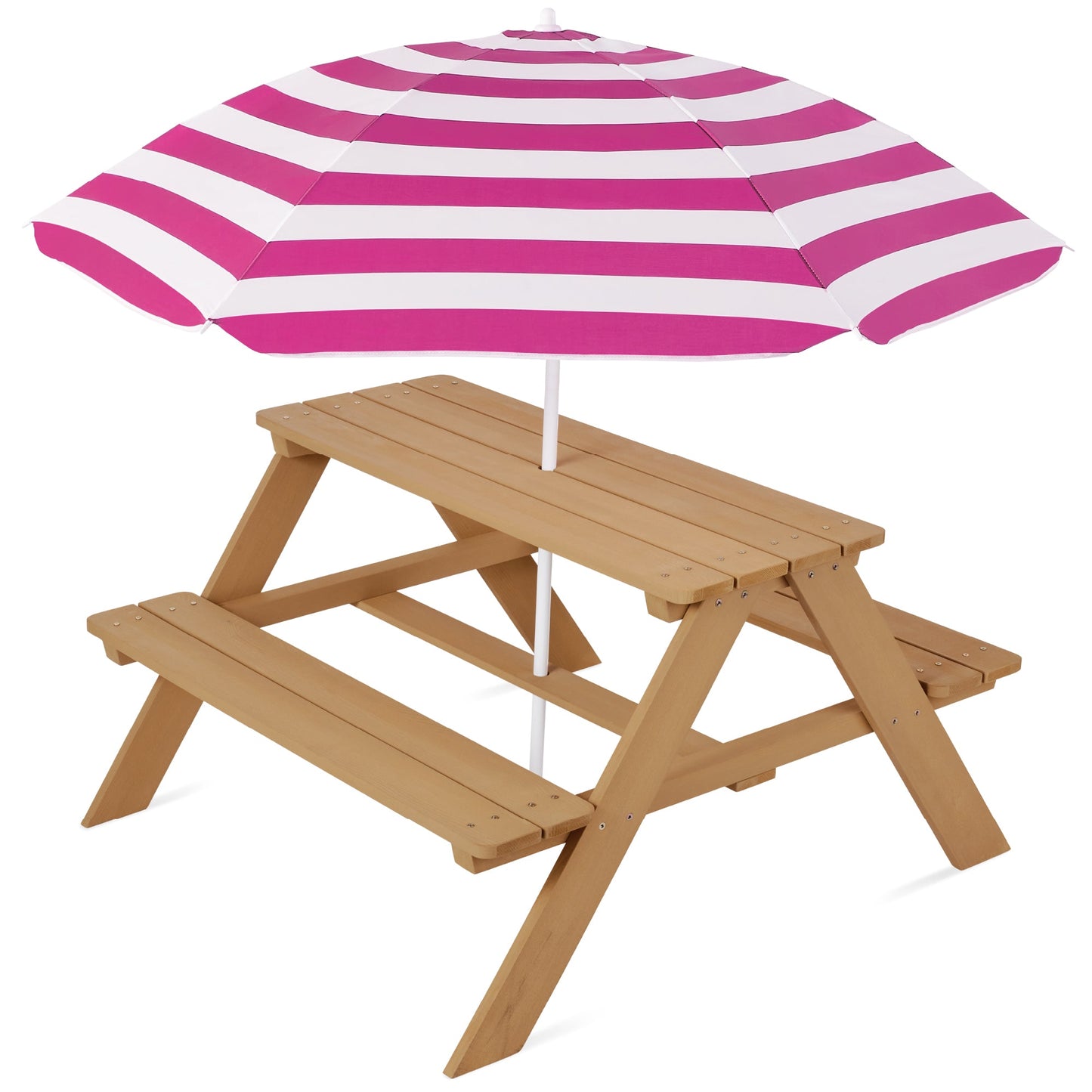 Kids Wooden Outdoor Picnic Table w/ Adjustable Umbrella Built-In Seats