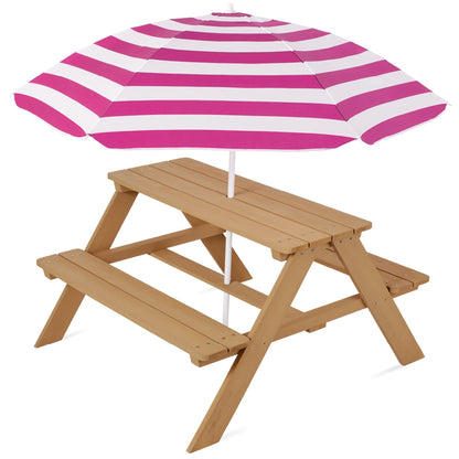 Kids Wooden Outdoor Picnic Table w/ Adjustable Umbrella Built-In Seats