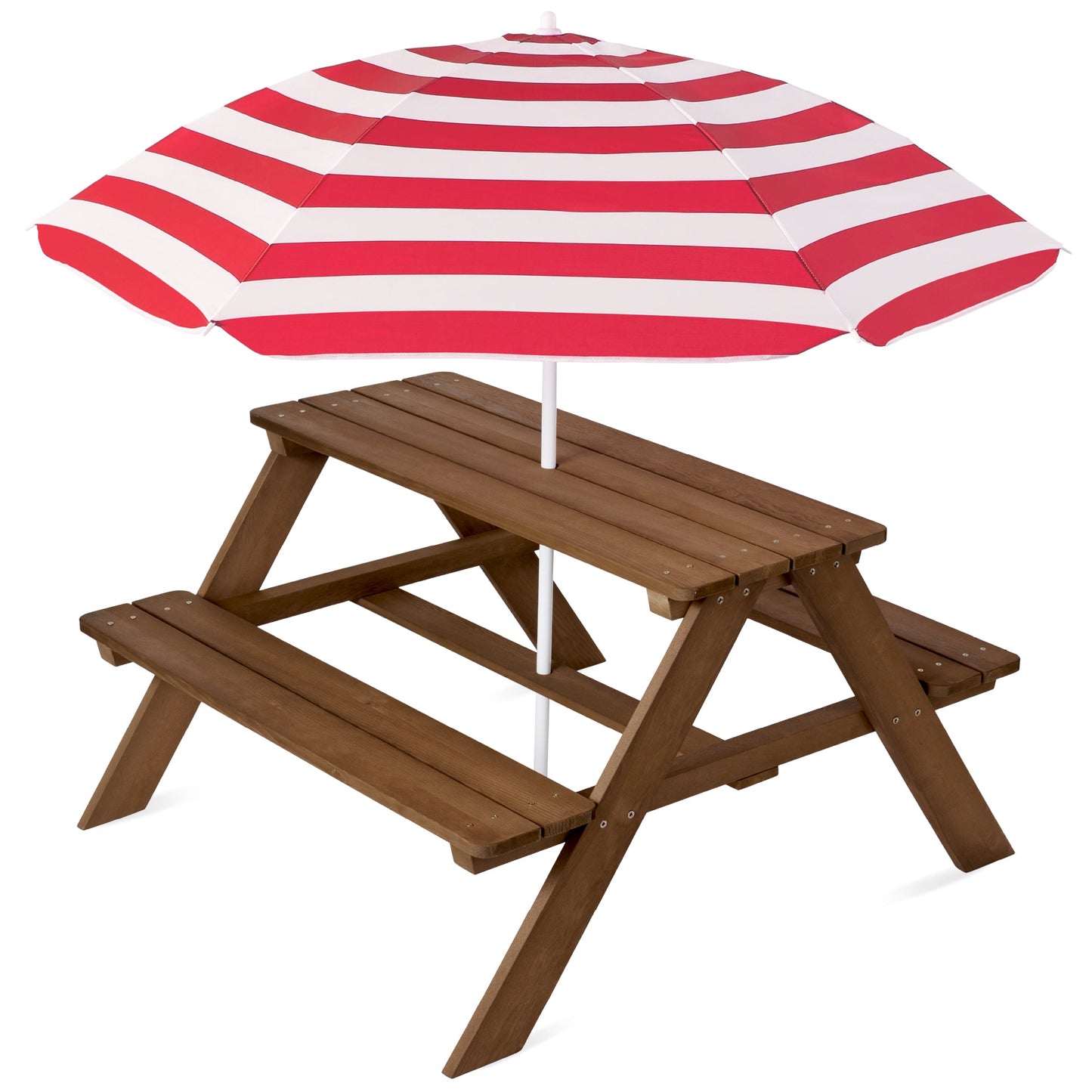 Kids Wooden Outdoor Picnic Table w/ Adjustable Umbrella Built-In Seats