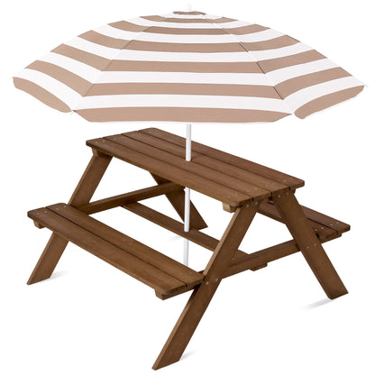 Kids Wooden Outdoor Picnic Table w/ Adjustable Umbrella Built-In Seats