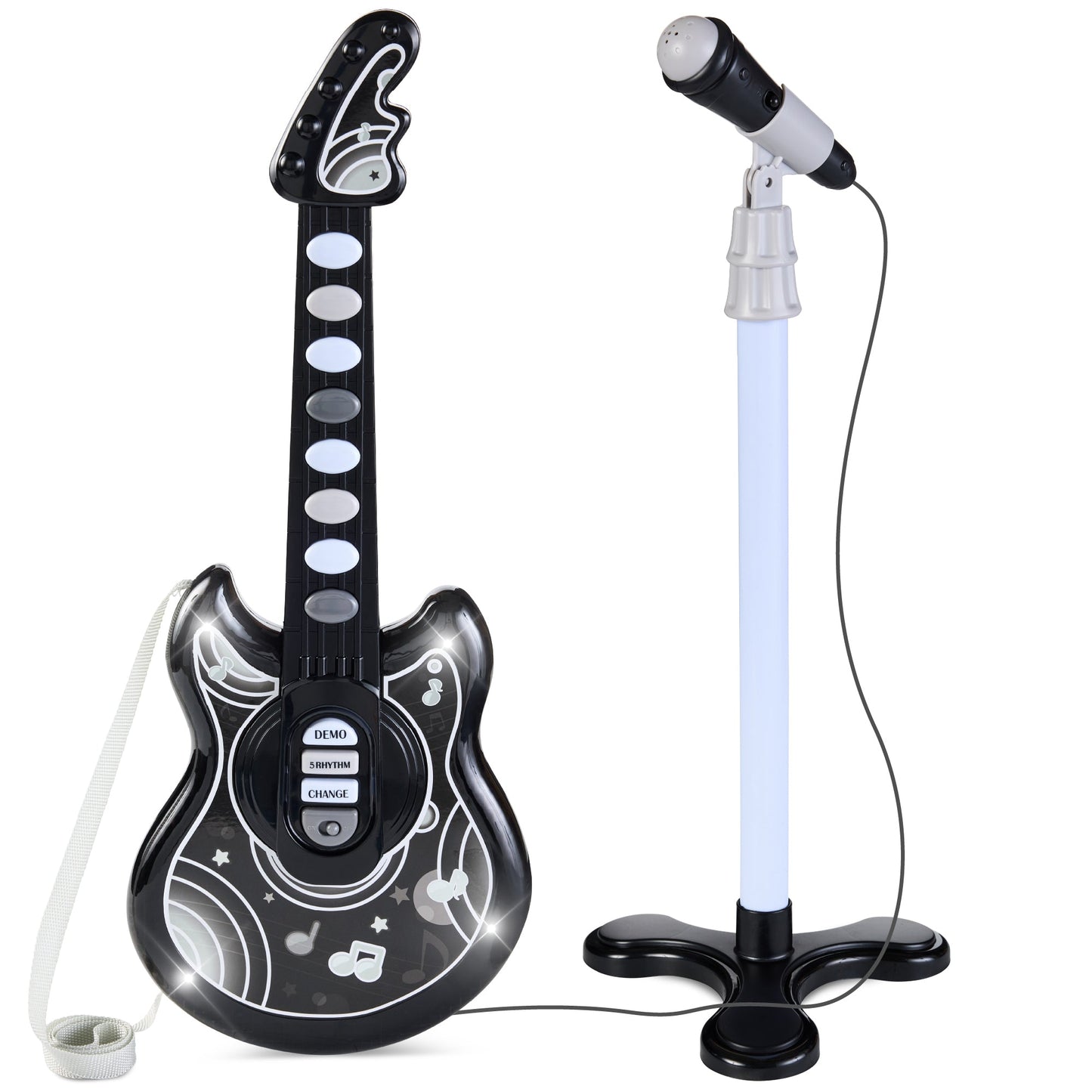 Kids Pretend Play Guitar Musical Instrument Toy w/ Microphone Stand - 19in