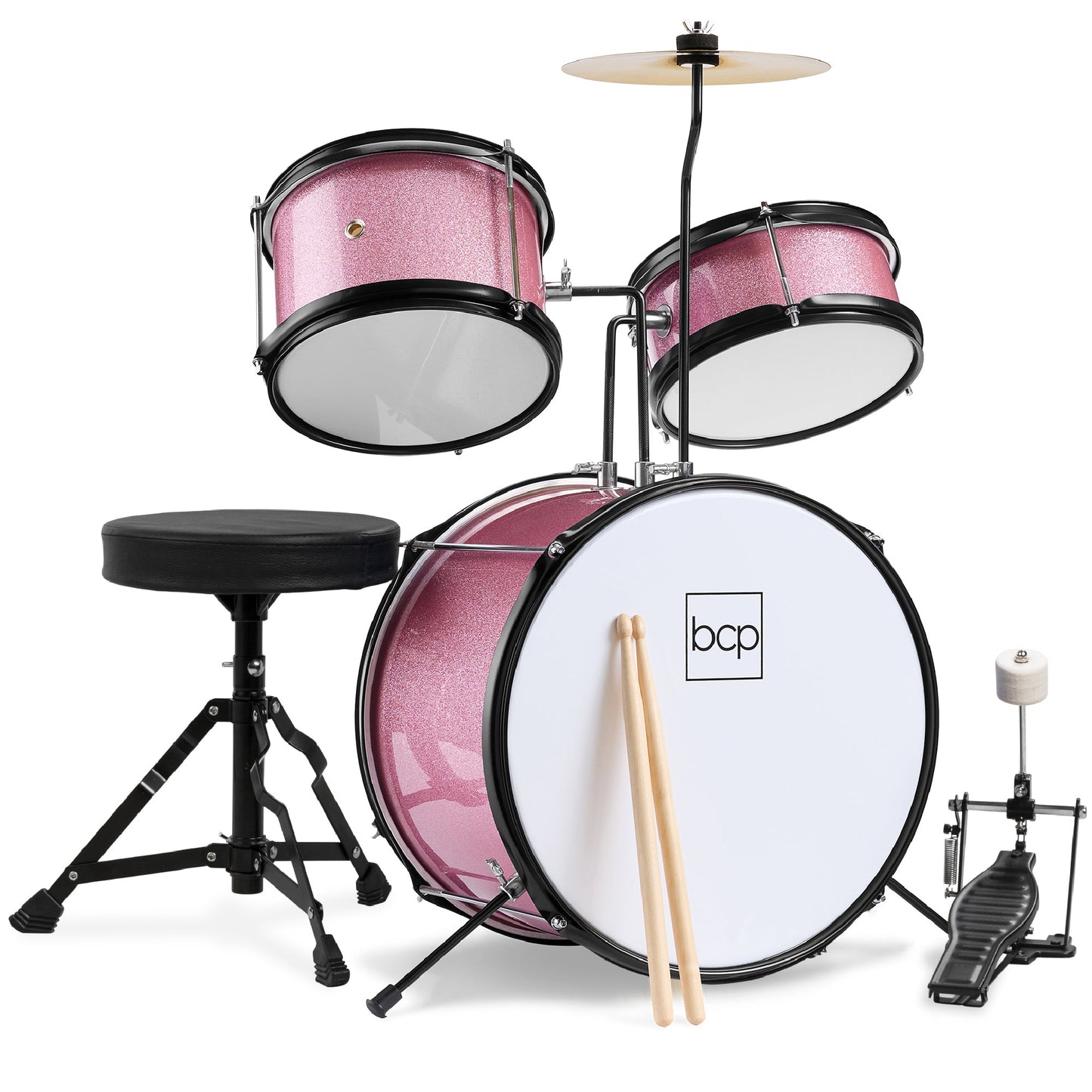 Kids Beginner 3-Piece Drum Musical Instrument Set w/ Sticks Stool Pedal