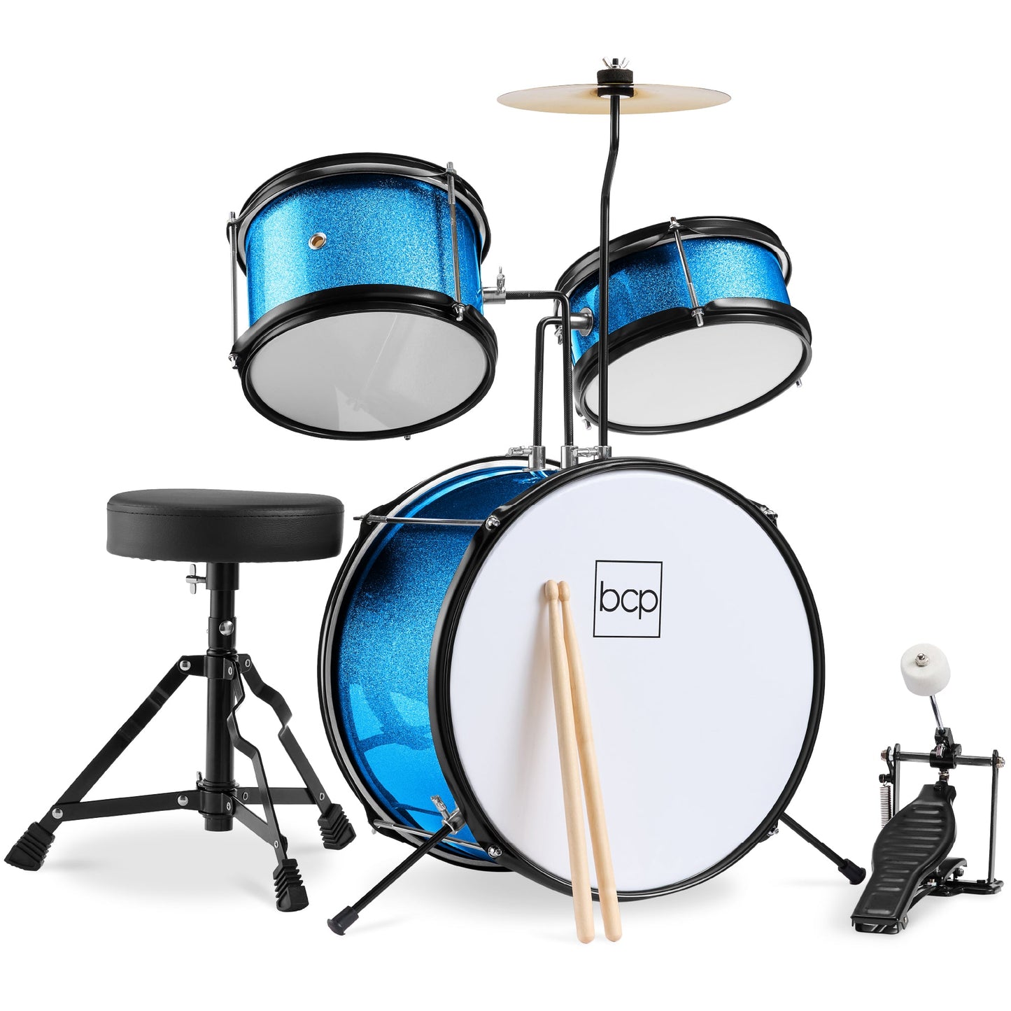 Kids Beginner 3-Piece Drum Musical Instrument Set w/ Sticks Stool Pedal