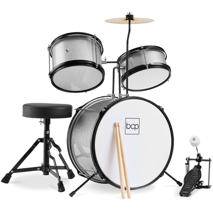 Kids Beginner 3-Piece Drum Musical Instrument Set w/ Sticks Stool Pedal